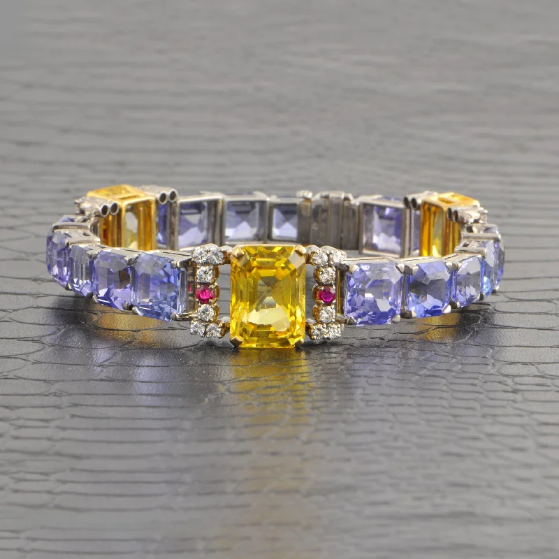 Twisted bangle bracelets for women-Oscar Heyman Vintage 1940s Blue and Yellow No-Heat Sri Lankan Sapphire Statement Bracelet in Platinum