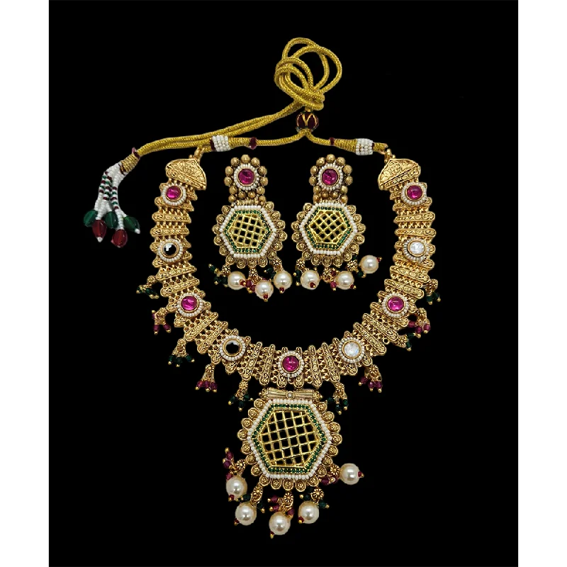 Crystal women necklaces-Nakoda Jewels Brass Copper Gold Plated Pota Stone And Pearls Necklace Set