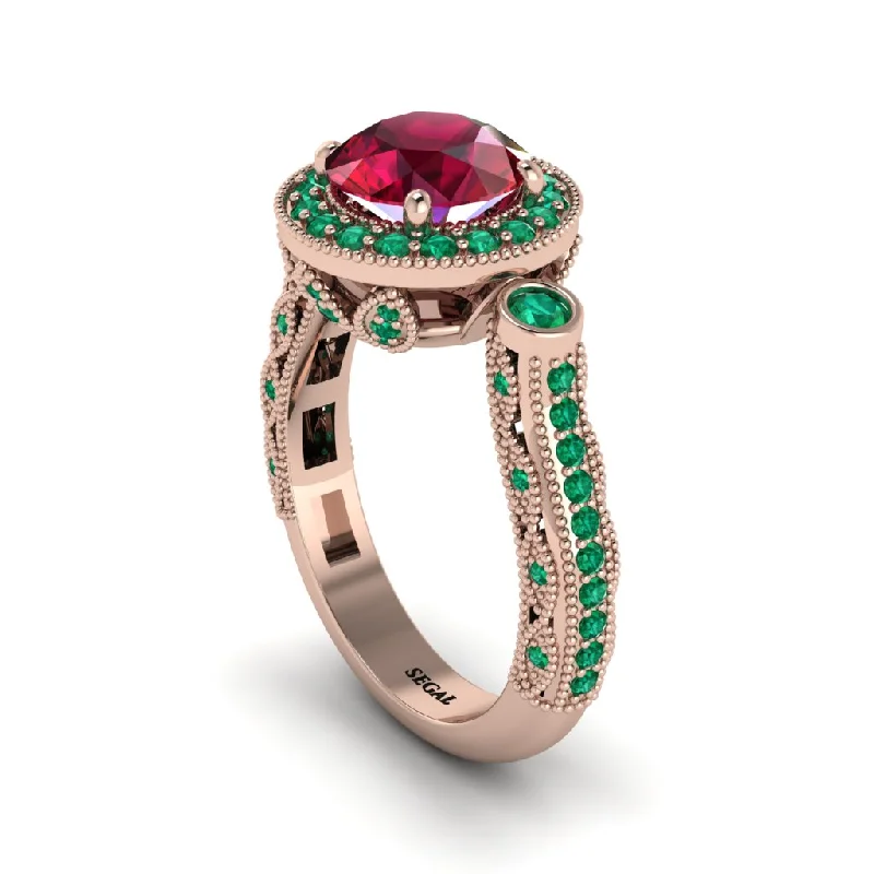 Engagement rings with split shanks for women-Milgrain Halo Pave Ruby Engagement Ring - Mabel No. 26