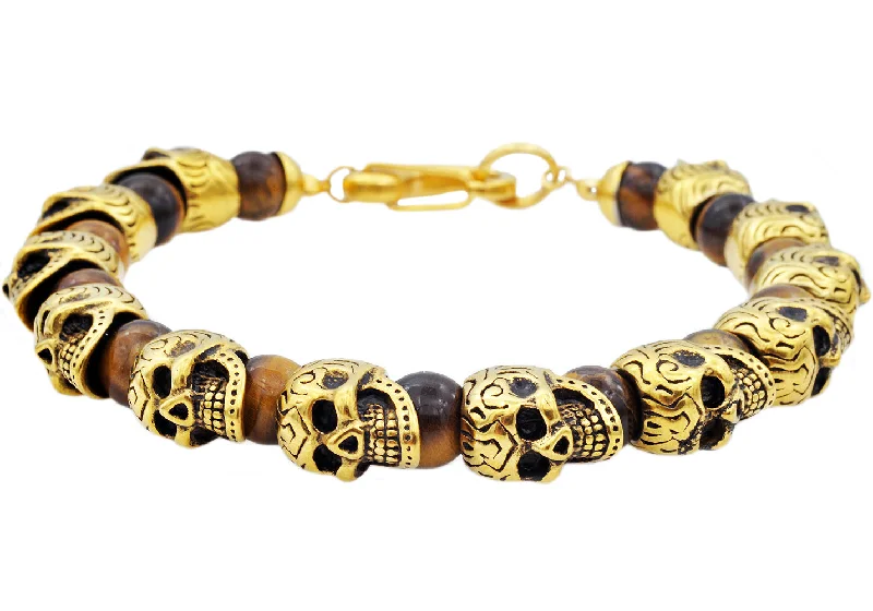 Cuff women bracelets-Mens Genuine Tiger Eye Gold Stainless Steel Skull Beaded Bracelet