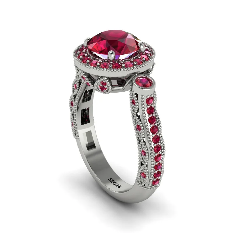 Solitaire engagement rings for women-Milgrain Halo Pave Ruby Engagement Ring - Mabel No. 57