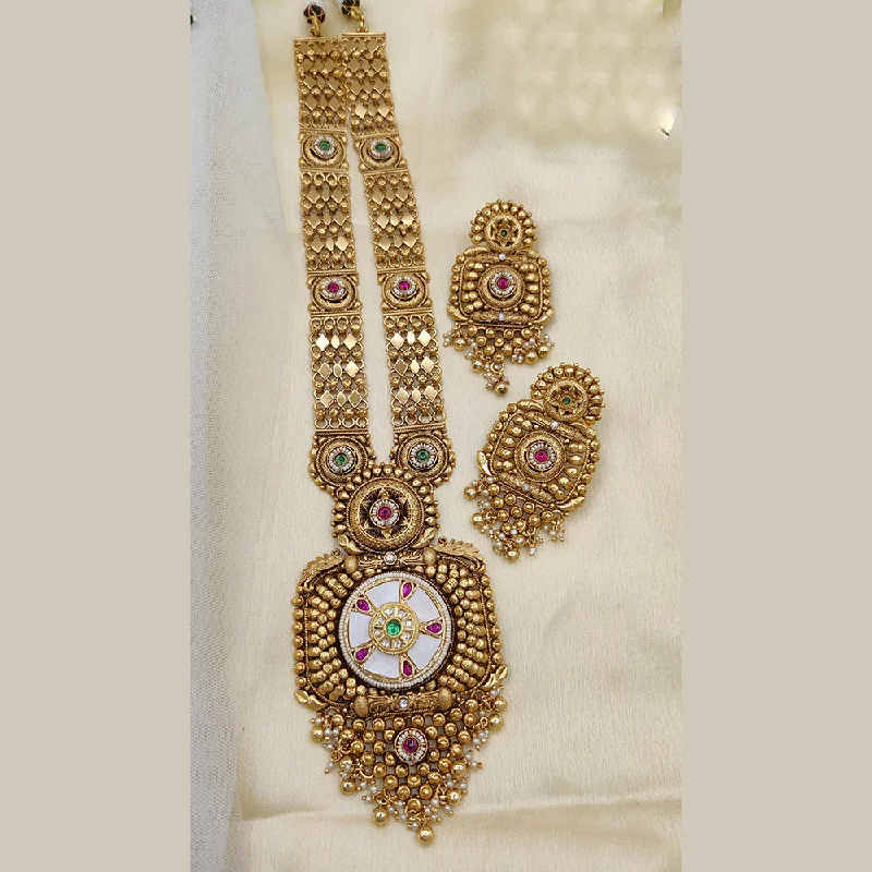 Gold-plated women necklaces-Jewel Addiction Copper Rajwadi Finish Pota Stone Long Necklace Set