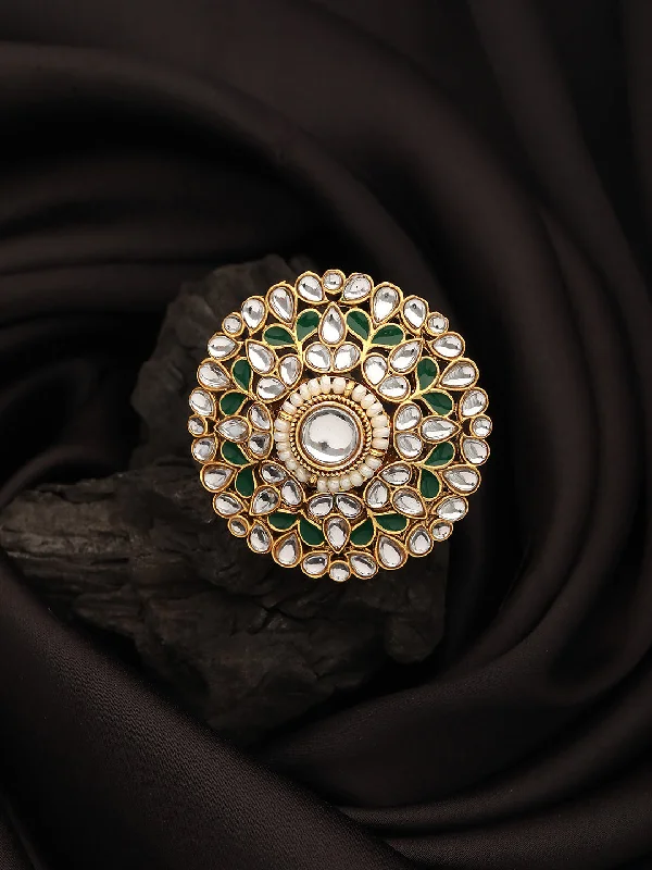 Silver women rings-Gold-Plated White & Green Kundan-Studded Adjustable Finger Rings