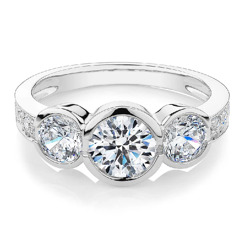 Adjustable women rings-Three stone ring with 2.11 carats* of diamond simulants in 10 carat white gold