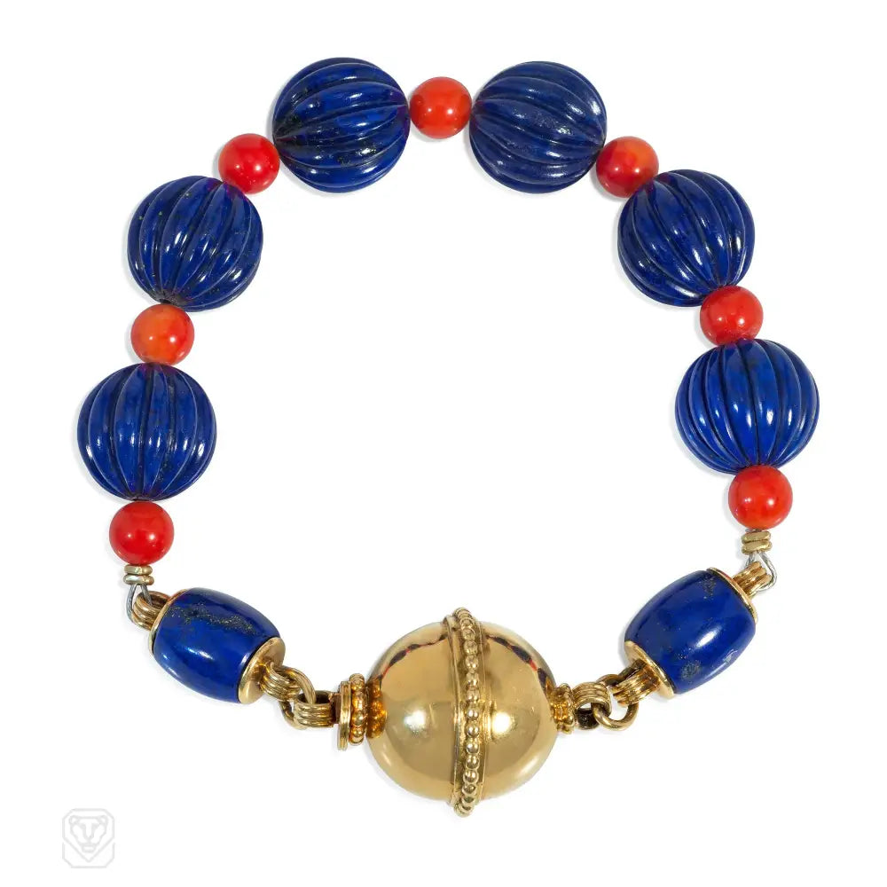 Gold bangle bracelets for women-Cartier, Paris lapis and coral bracelet