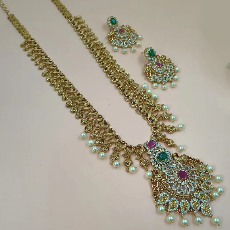 Simple women necklaces-Padmawati Bangles Gold Plated AD Stone And Pearls Long Necklace Set