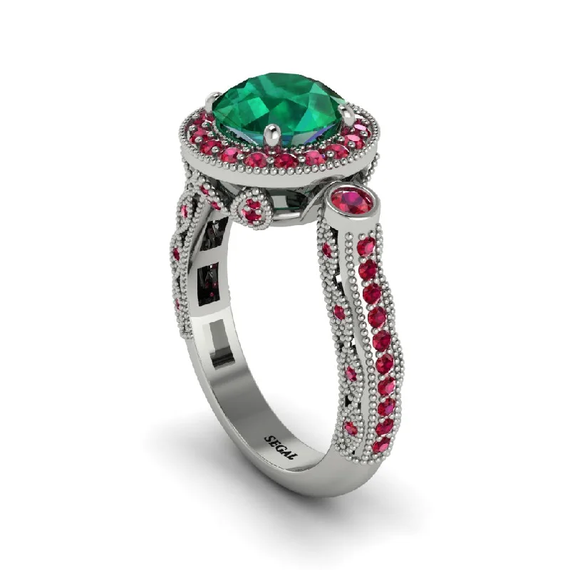 Cushion cut engagement rings for women-Milgrain Halo Pave Emerald Engagement Ring - Mabel No. 51