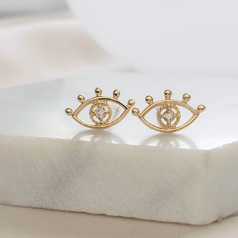 Minimalist women earrings-14k Gold Evil Eye Stud Earrings with Genuine Diamond Accent