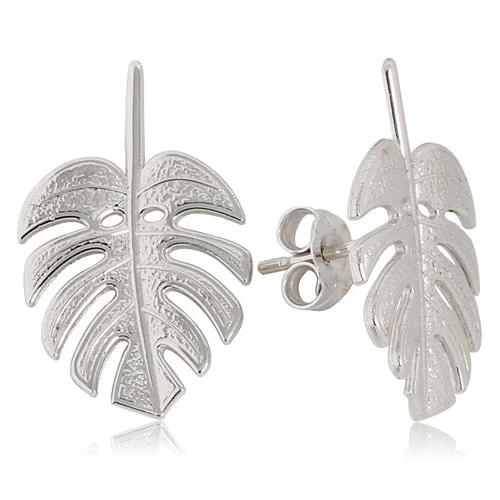 Colored gemstone women earrings-14K White Gold Monstera Leaf Post Earrings