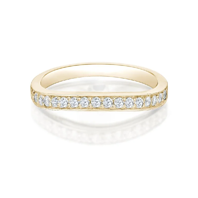 Silver women rings-Curved wedding or eternity band with 0.25 carats* of diamond simulants in 14 carat yellow gold