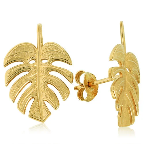 Huggie women earrings-14K Yellow Gold Monstera Leaf Post Earrings