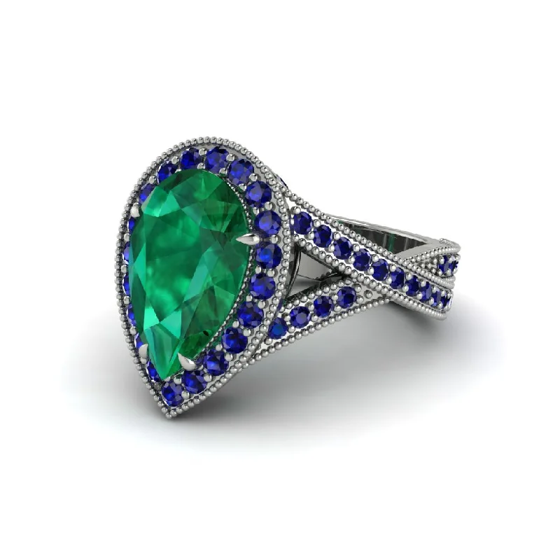 Engagement rings with opals for women-Halo Split Shank Pear Emerald Engagement Ring - Loretta No. 66