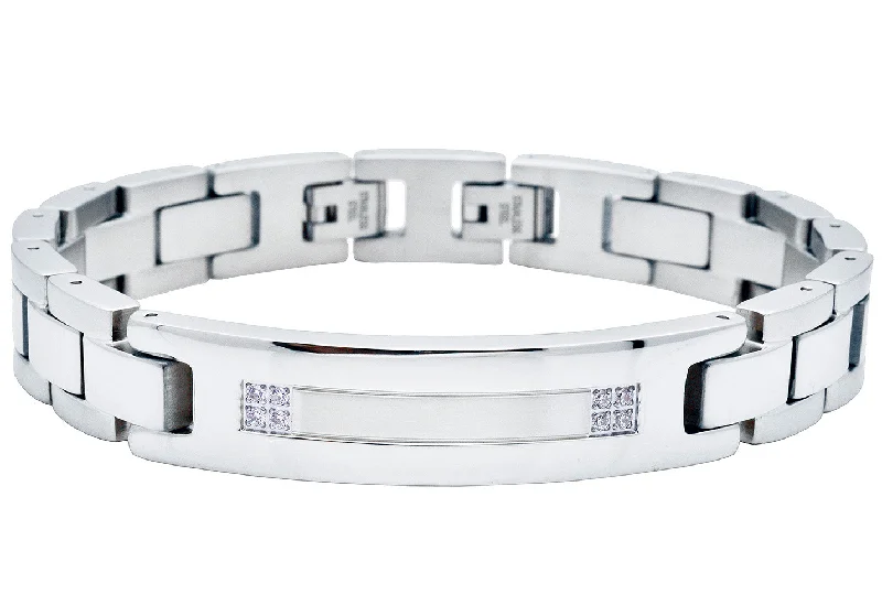 Large statement women bracelets-Mens Stainless Steel ID-Engravable Bracelet With Cubic Zirconia