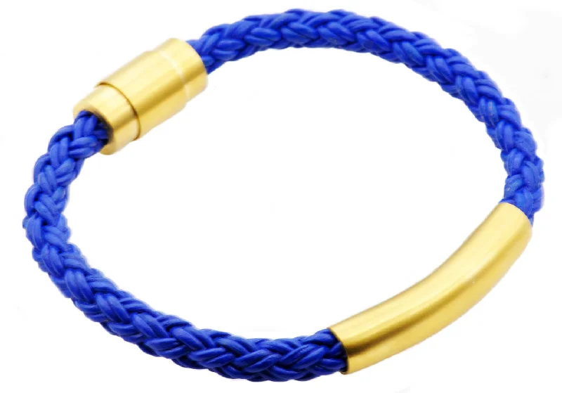 Bridal women bracelets-Mens Gold Stainless Steel Blue Leather Bracelet