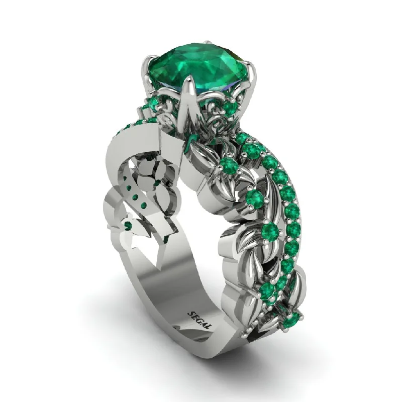 Elegant solitaire engagement rings for women-Round Floral Cathedral Emerald Engagement Ring - Lindsay No. 21