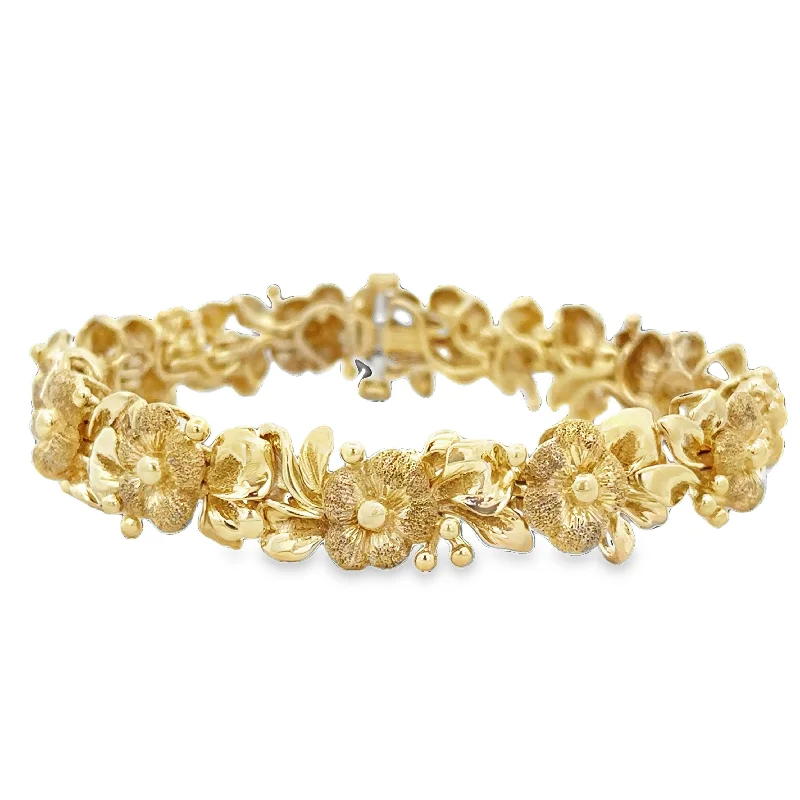 Wedding women bracelets-Textured Dogwood Flower Bracelet in Yellow Gold 7"