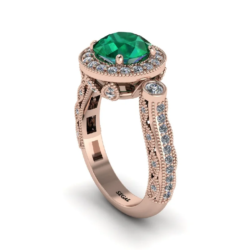 Engagement rings with pink diamonds for women-Milgrain Halo Pave Emerald Engagement Ring - Mabel No. 5