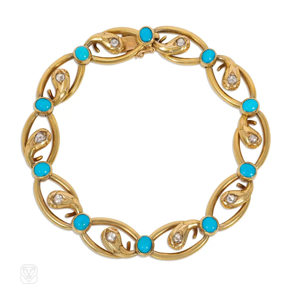 Elegant silver women bracelets-Antique diamond, turquoise and gold snake link bracelet