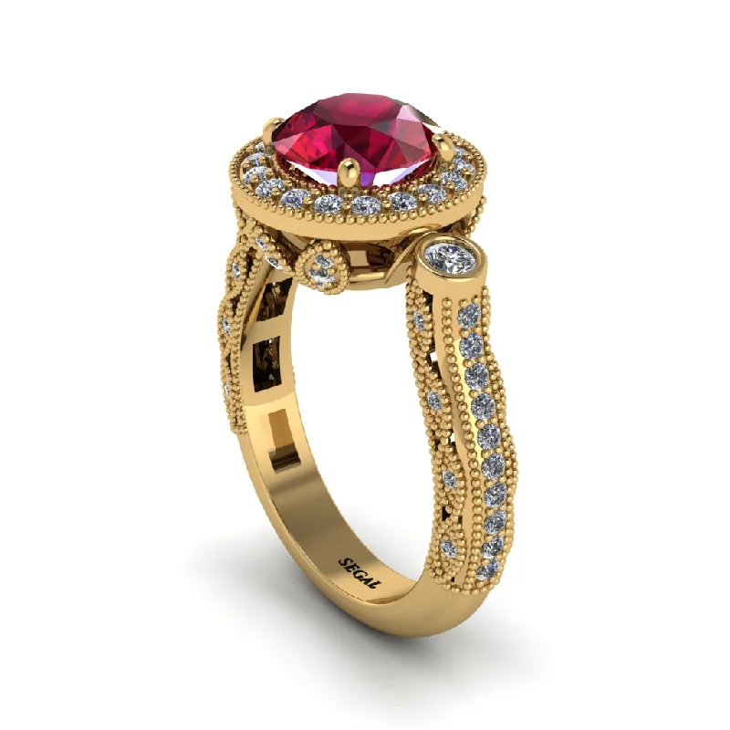 Minimalist engagement rings for women-Milgrain Halo Pave Ruby Engagement Ring - Mabel No. 10