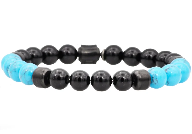 Silver bangle bracelets for women-Mens Genuine Onyx And Turquoise Black Stainless Steel Beaded Bracelet