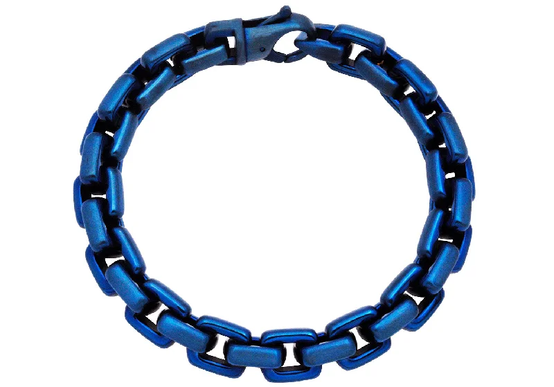 Leather women bracelets-Mens Blue Stainless Steel Square Link Chain Bracelet