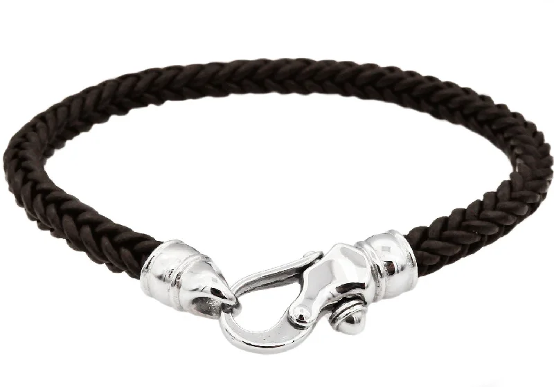 Bracelets with charms for women-Mens Brown Leather Stainless Steel Bracelet