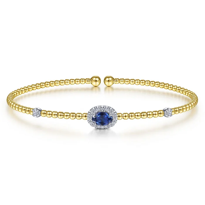 Simple bangles for women-14K White-Yellow Gold Bujukan Bead Cuff Bracelet with Sapphire and Diamond Halo Station