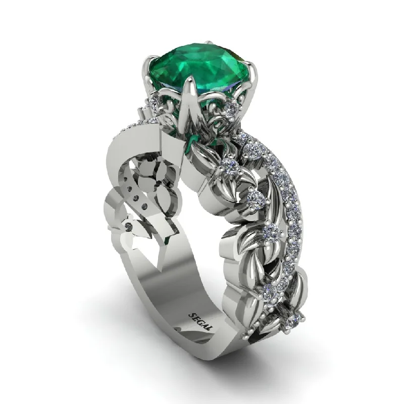 Halo engagement rings for women-Round Floral Cathedral Emerald Engagement Ring - Lindsay No. 6