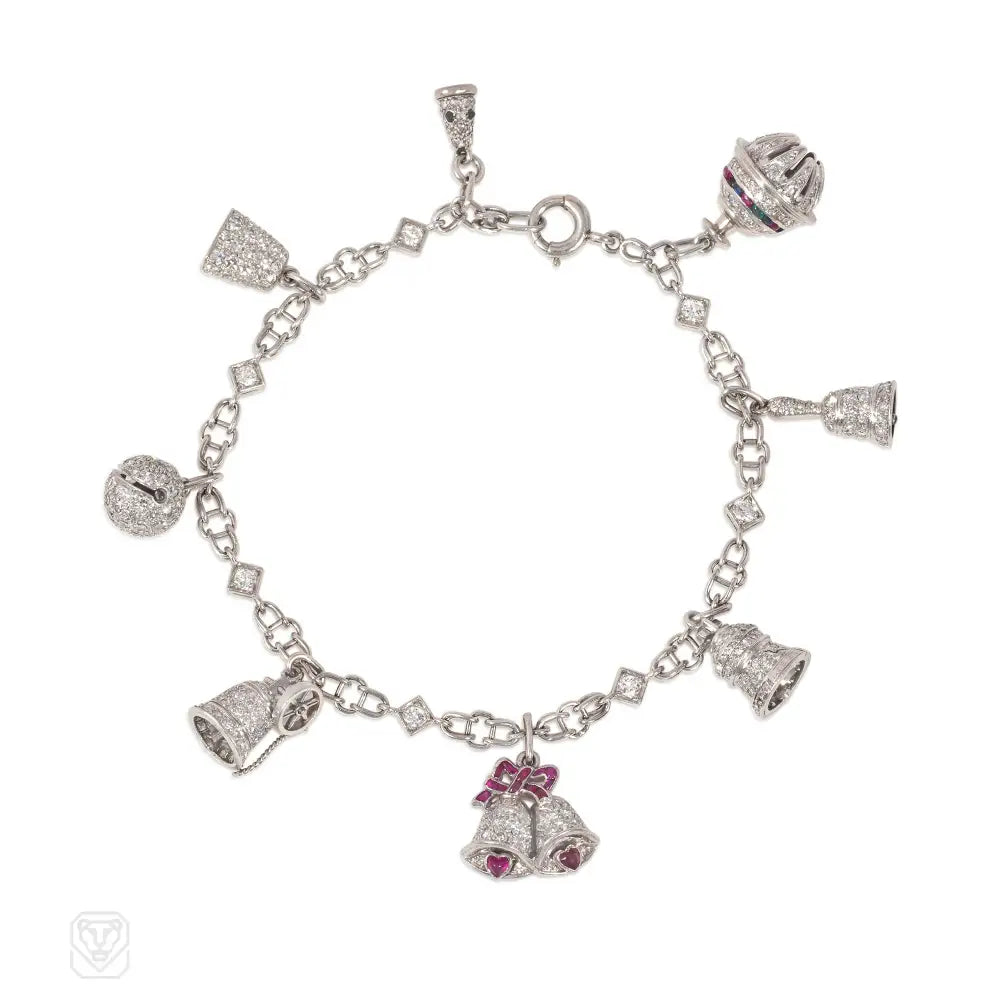 Round women bracelets-1920s platinum and multi-gem bell charm bracelet