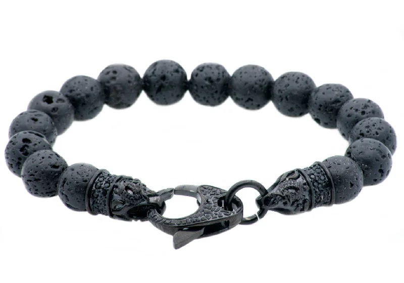 Handmade women bracelets-Mens Genuine Lava Stone Black Plated Stainless Steel Beaded Bracelet With Black Cubic Zirconia