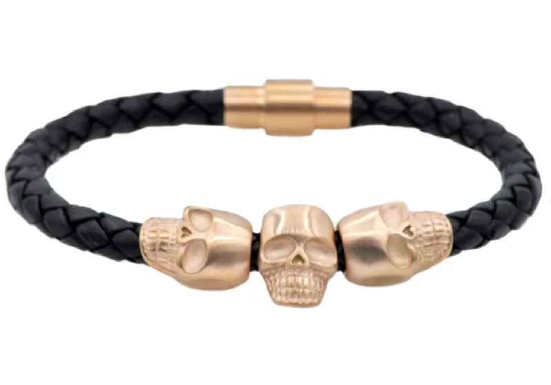 Turquoise women bracelets-Mens Black Leather And Rose Stainless Steel Skull Bracelet