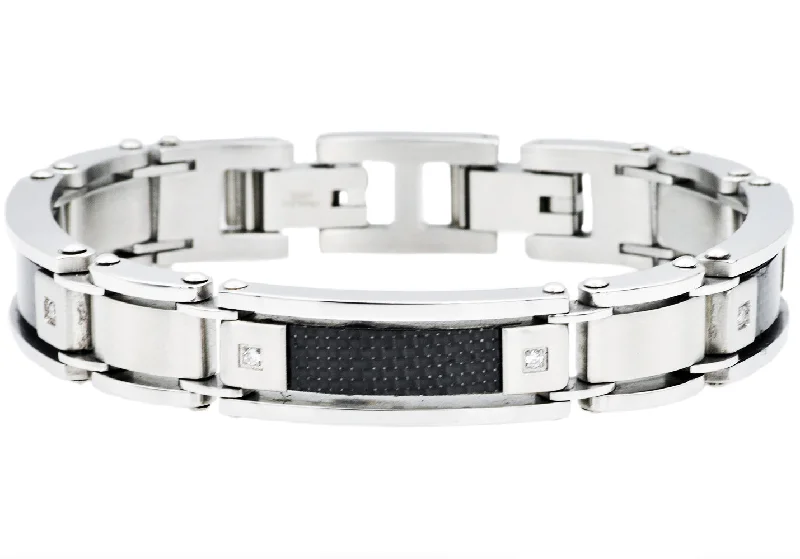 Designer women bracelets-Mens Stainless Steel Bracelet With Carbon Fiber And Cubic Zirconia