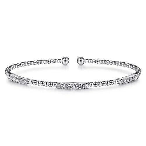 Large women bracelets-14K White Gold Bujukan Bead Cuff Bracelet with Diamond Pave Stations