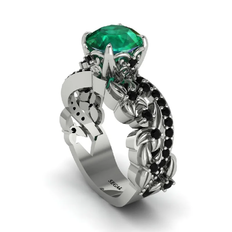 Engagement rings with wide bands for women-Round Floral Cathedral Emerald Engagement Ring - Lindsay No. 36