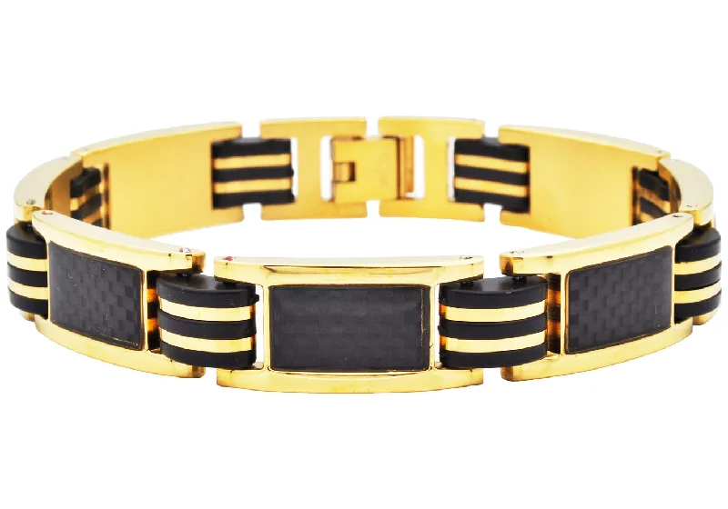 Elegant silver women bracelets-Mens Black Silicone And Gold Stainless Steel Bracelet With Carbon Fiber