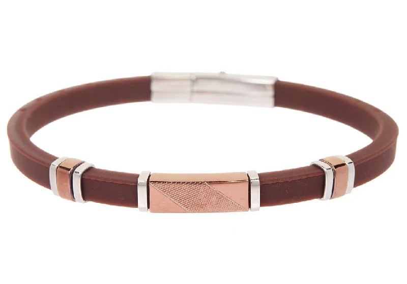 Chic women bracelets-Mens Brown Silicone And Chocolate Stainless Steel Bracelet