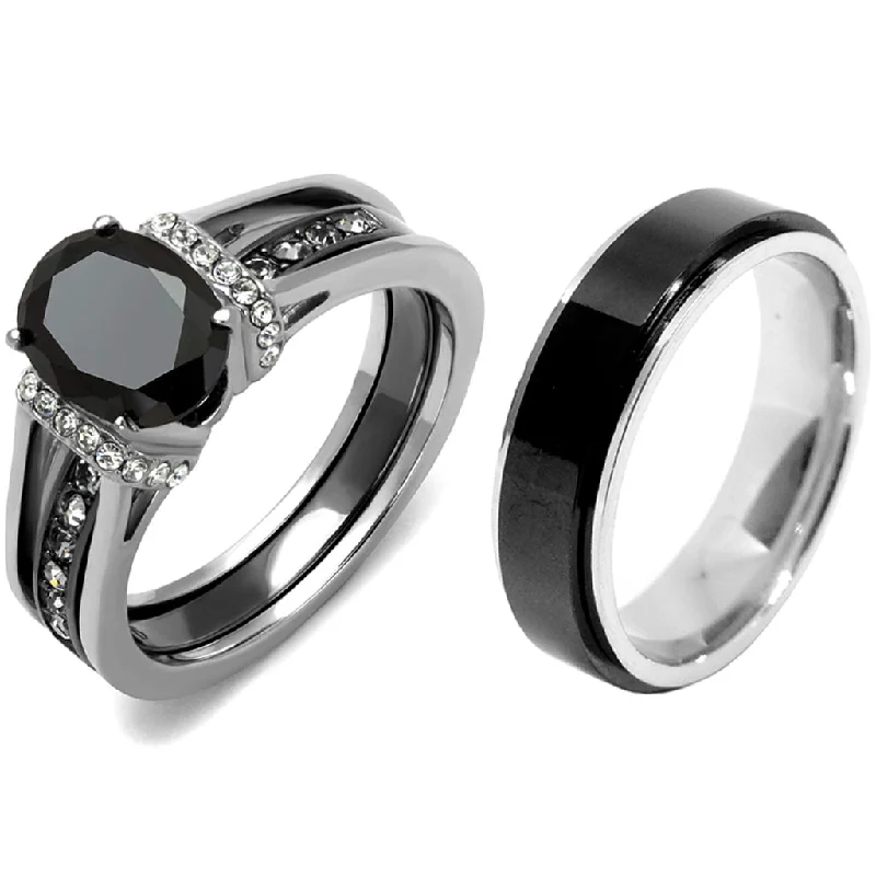 Engagement rings with white diamonds for women-3 PCS Couple Black IP Stainless Steel 8x6mm Oval Cut CZ Engagement Ring Set Mens Spinning Band