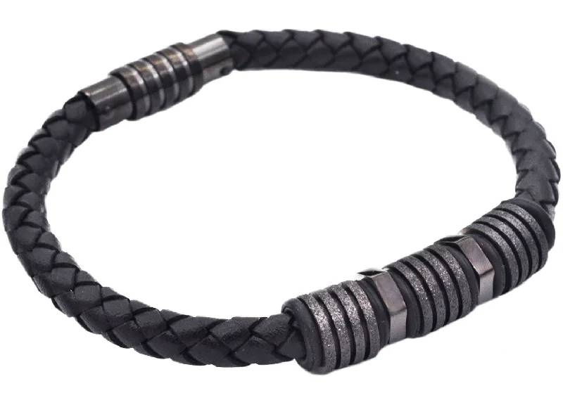 Trendy women bracelets-Mens Black Leather Sandblasted Black Stainless Steel Bracelet