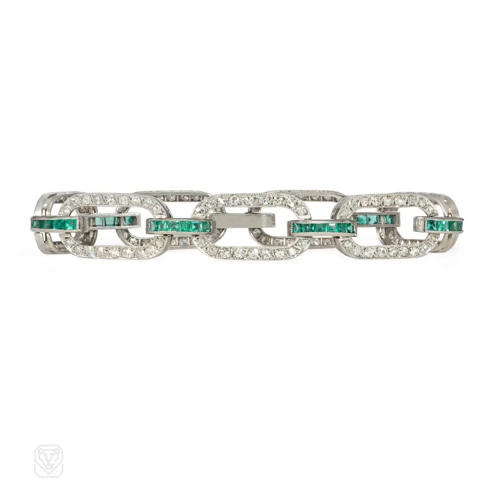 Designer women bracelets-Art Deco emerald and diamond link bracelet