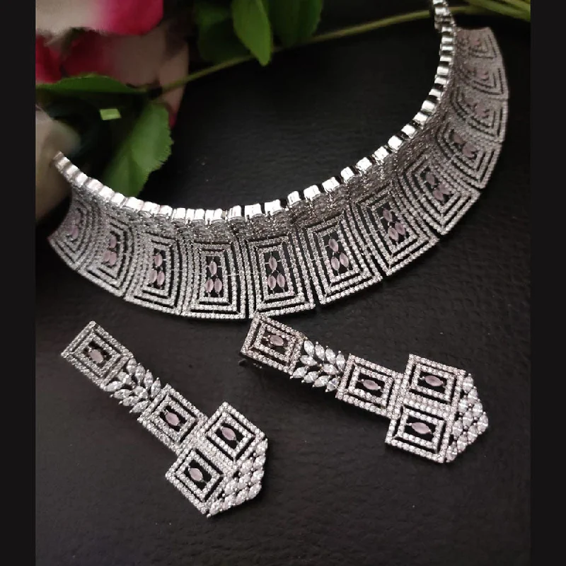 Birthday gift women necklaces-FS Collection Silver Plated American Diamond Choker Necklace Set