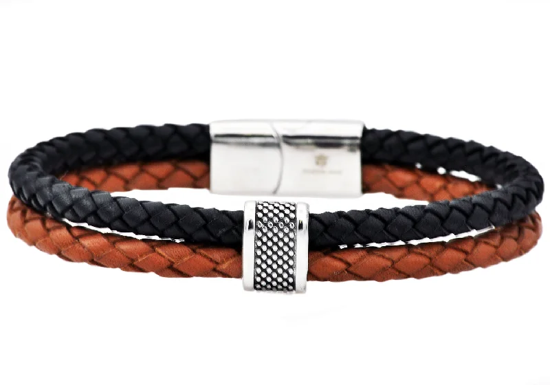 Chunky women bracelets-Mens Black And Brown Leather Stainless Steel Bracelet