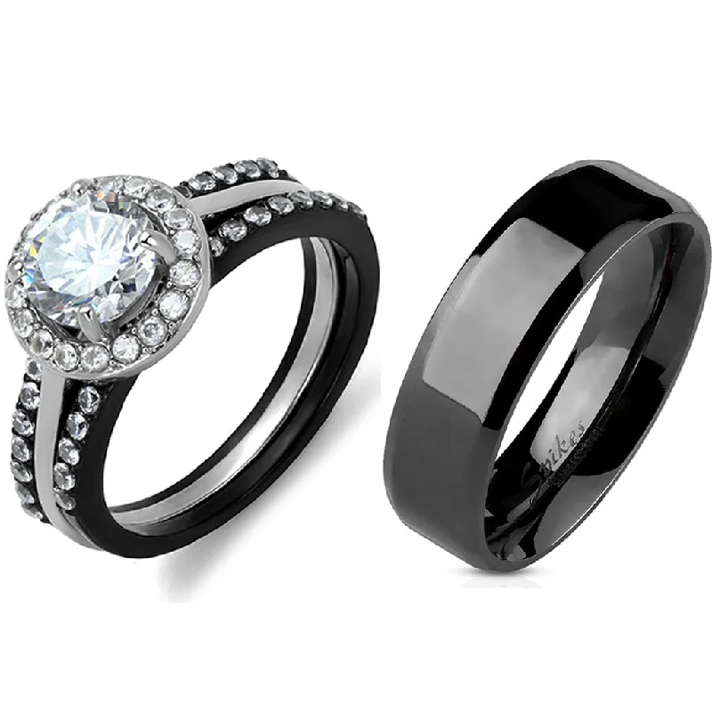 Engagement rings for brides-to-be-4 PCS Couple Black IP Stainless Steel 7x7mm Round Cut CZ Engagement Ring Set Mens Flat Band