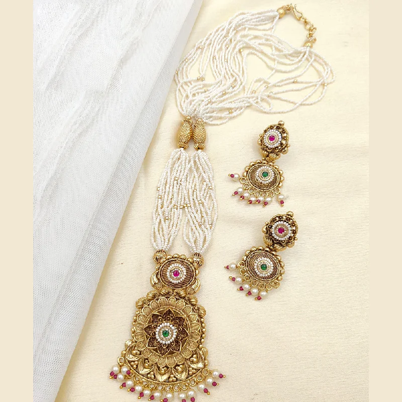 Couples necklaces-Jewel Addiction Copper Rajwadi Finish Pota Stone And Pearl Long Necklace Set