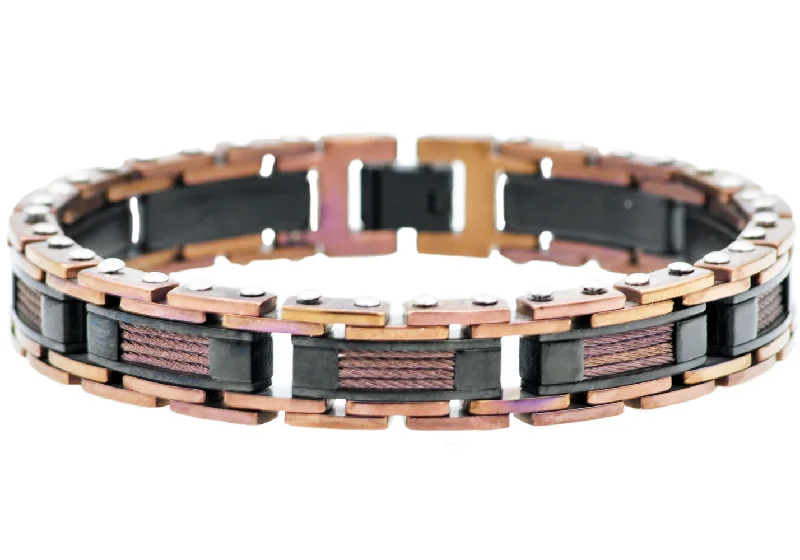 Modern women bracelets-Mens Chocolate And Black Stainless Steel Bracelet With Chocolate Plated Cables