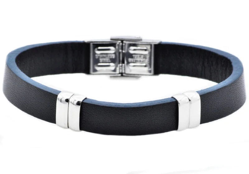 Beaded women bracelets-Mens Black And Blue Leather Stainless Steel Bracelet