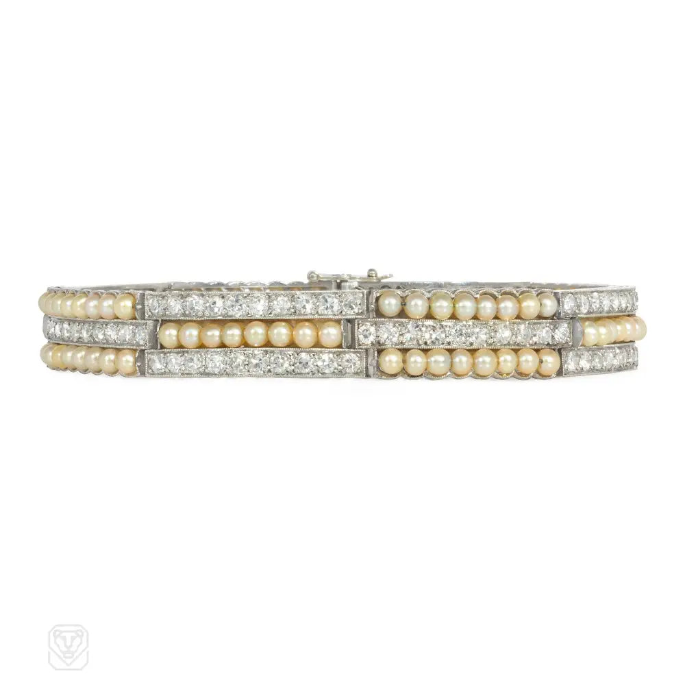 Statement women bracelets-Antique pearl and diamond plaque bracelet