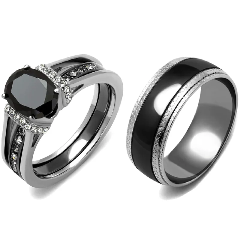 Luxury engagement rings for women-3 PCS Couple Black IP Stainless Steel 8x6mm Oval Cut CZ Engagement Ring Set Mens Matching Band