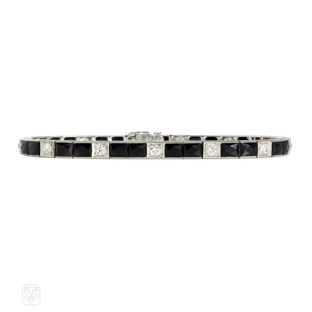 Crystal women bracelets-Art Deco French-cut onyx and diamond line bracelet