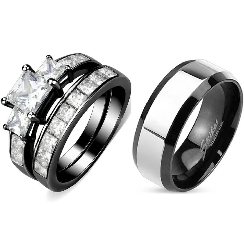 Engagement rings with princess-cut diamonds for women-Couples Rings Black Set Womens 3 Stone Type Princess CZ Engagement Ring Mens Two Tone Band