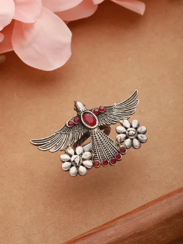 Thin women rings-Silver Plated & Red Stone-Studded Oxidised Bird Shaped Adjustable Finger Ring